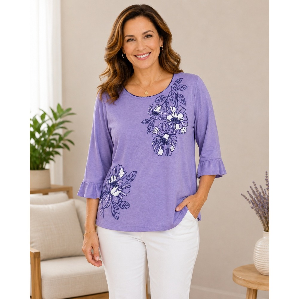 Alfred Dunner Top Women PL Purple Floral‎ Embroidered Embellished 3/4 Sleeve